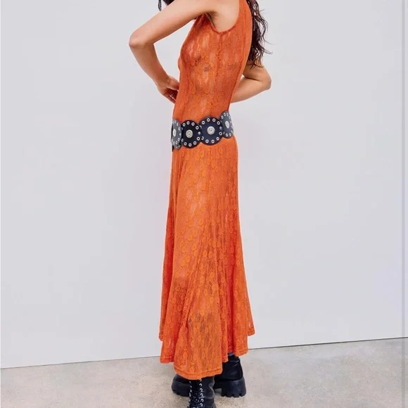 🧡Brand New SEXY Burnt Orange Lace Sheer V Neck Dress🧡 - Picture 2 of 4